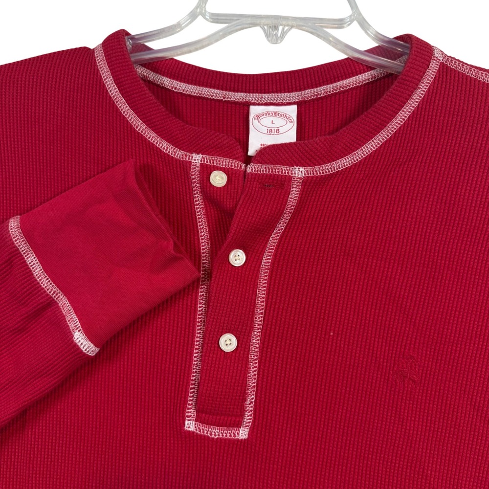 Brooks Brothers Henley Men Large Red Waffle Knit Long Sleeve